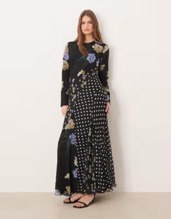 エイソス レディース トップス ワンピース フラワー柄 プリント マキシ フラワー ASOS DESIGN long sleeve racer neck maxi dress with godet hem spot floral print Black spot floral ブラック