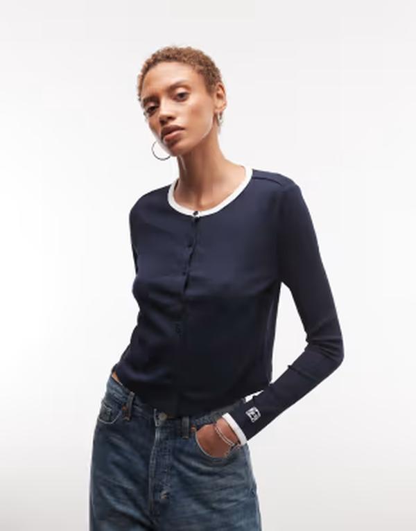 ノイジーメイ レディース トップス Tシャツ リブ コントラスト カーディガン Noisy May ribbed cardigan with contrast seams Navy Blazer ネイビー｜ReVida 店