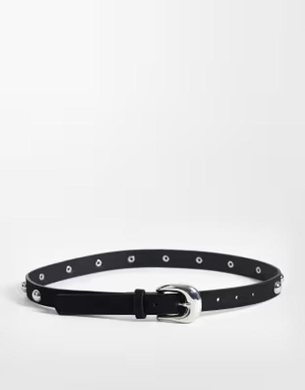 ピーシーズ レディース アクセサリー ベルト レザー Piecesilver tone studded leather look belt Black Silver studs ブラック｜ReVida 店