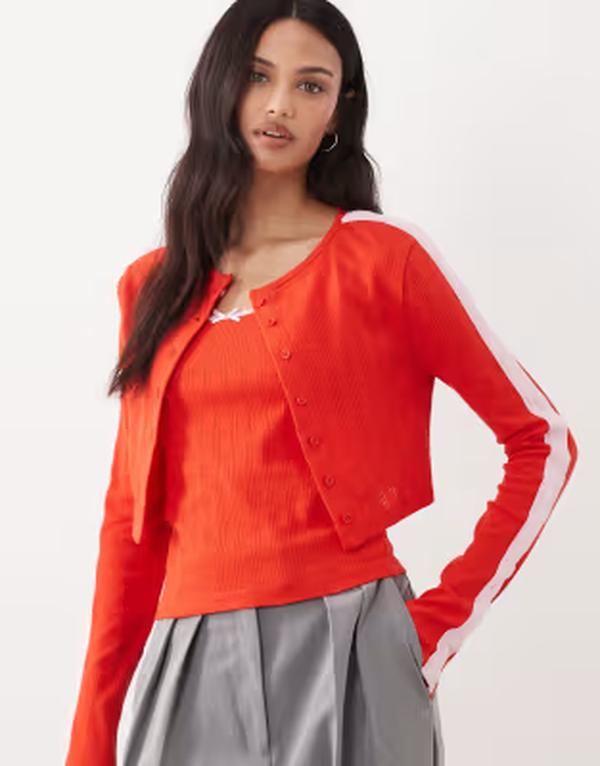 エイソス レディース トップス プルオーバー ジレー ASOS DESIGN cami pointelle top and cardigan set RED 赤いこと