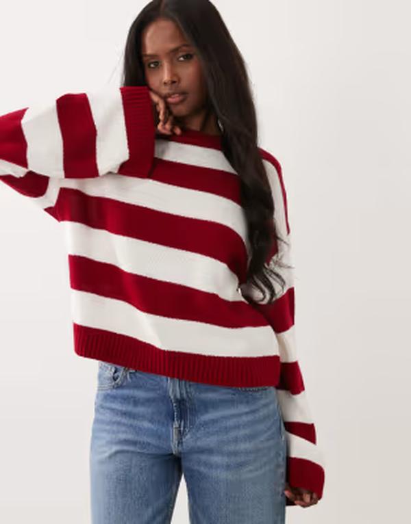エイソス レディース アウター 編み物・プルオーバー ASOS DESIGN boxy fit knit sweater and ecru wide stripes Red / ecru エクリュ トップス-ニット・セーター-セーター