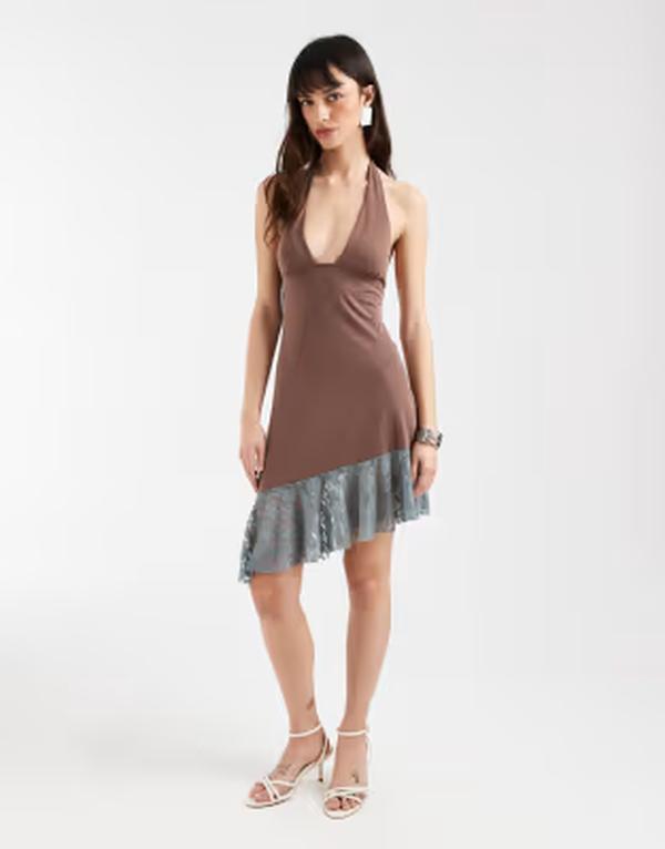 ジーメンス電話を掛ける レディース トップス 衣装 スピード競技 ホルター Motel Sanaya lace paneled aysmetric halter dress BROWN 赤銅色