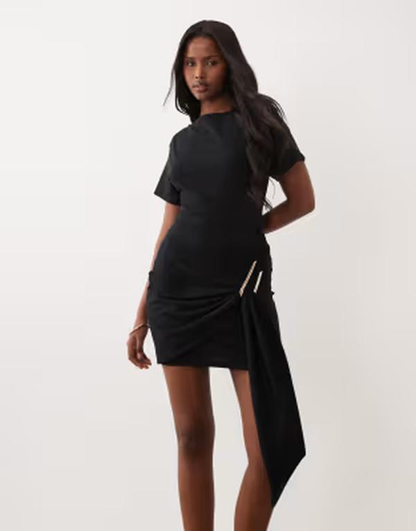 エイソス レディース トップス 衣装 ミニ ASOS DESIGN short sleeve mini dress with gold-tone hardware detail Black 黒いこと レディースファッション-ワンピース