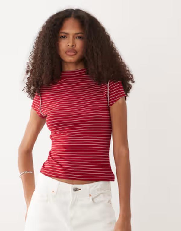 エイソス レディース トップス プルオーバー 照明ランプのど首 肋材 ASOS DESIGN ribbed funnel neck top with exposed seams and RED \u0026 WHITE STRIPE 白いこと
