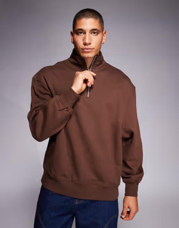 エイソス メンズ アウター パーカー・スウェット ハーフジップ シャツ ASOS DESIGN premium oversized quarter zip sweatshirt in 400 gsm Brown ブラウン