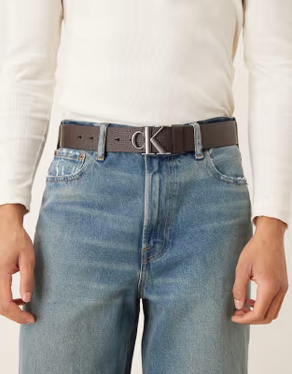 カルバンクライン メンズ 付属品 胴締め なめし革 Calvin Klein realeather belt with silver buckle インチ dark CK Dark Brown / Anti 赤銅色