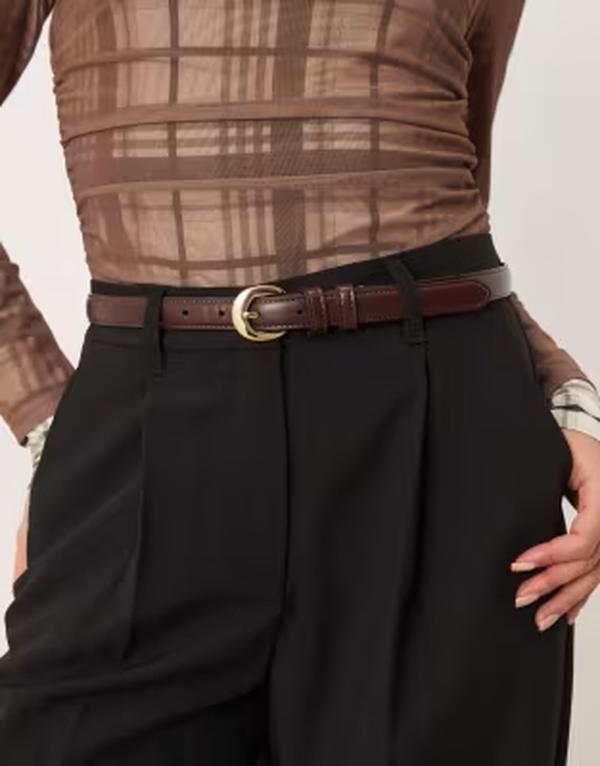 マンゴ レディース アクセサリー ベルト レザー フェイクレザー Mango slim faux leather belt BROWN ブラウン