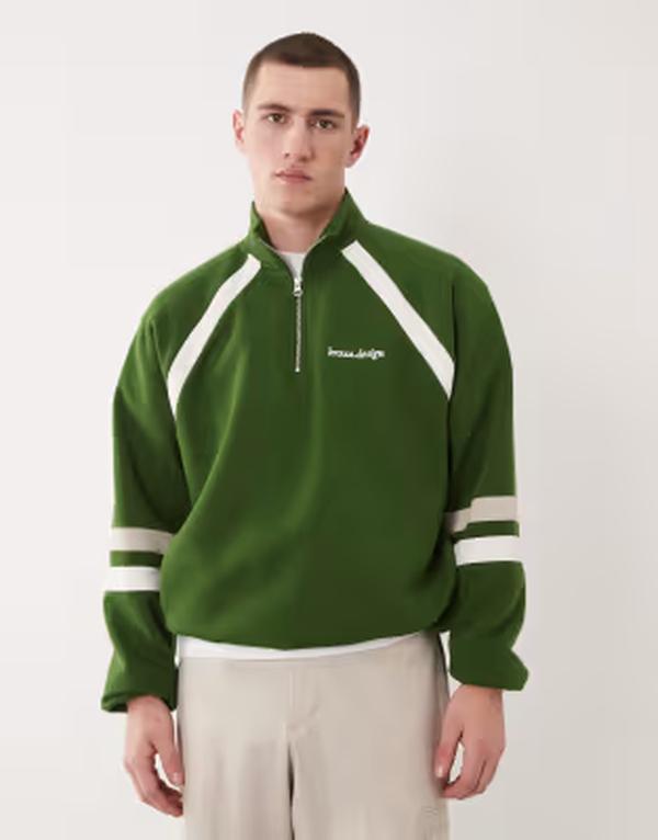 エイソス メンズ アウター パーカー・スウェット ハーフジップ プルオーバー ASOS DESIGN relaxed half zip sweatshirt with cut \u0026 sew details Garden green 緑であること トップス-メンズファッション