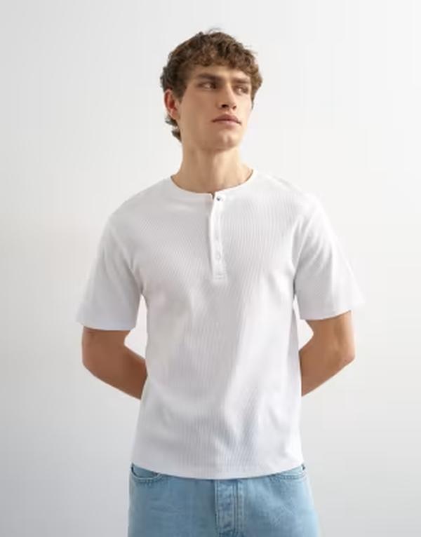 トップマン メンズ トップス Tシャツ ヘンリーネック リブ Topman classic fit ribbed henley neck t-shirt WHITE ホワイト