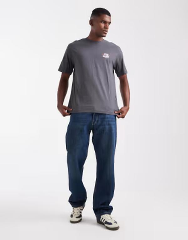 オンリーアンドサンズ メンズ トップス Tシャツ リラックスフィット プリント ONLY & SONS relaxed fit-shirt with ramen bowl back print in dark Gray Pinstripe グレー