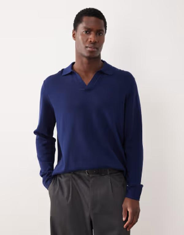 エイソス メンズ トップス スポーツシャツ 編み物 ASOS DESIGN relaxed knit notch neck polo shirt NAVY 米国海軍