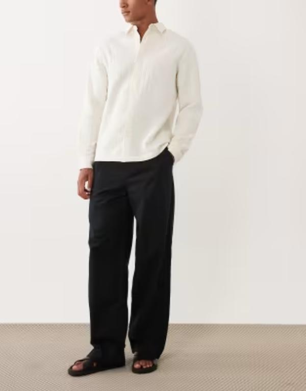 エイソス メンズ ボトムス カジュアルパンツ リネン ASOS DESIGN baggy fit linen blend pants Black ブラック