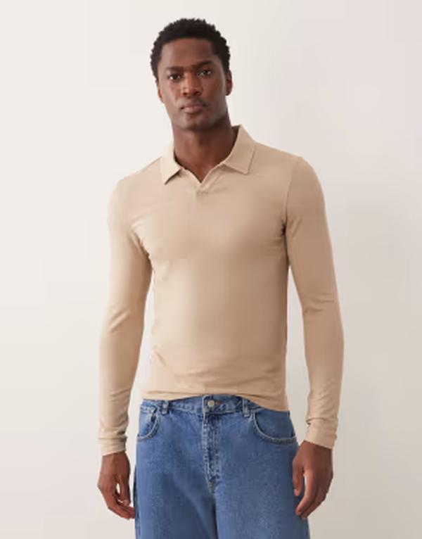 エイソス メンズ トップス ポロシャツ ASOS DESIGN Essentials muscle fit long sleeve polo shirt with notch collar Crockery ベージュ