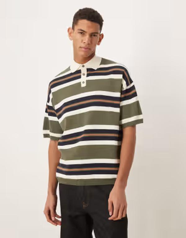 エイソス メンズ トップス ポロシャツ ニット ASOS DESIGN relaxed knit polo shirt-green and navy stripes Khaki/navy ネイビー