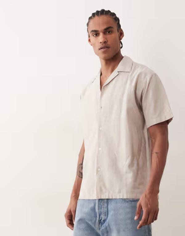 ジャック アンド ジョーンズ メンズ トップス シャツ リネン Jack & Joneshort sleeve linen blend shirt String ベージュ|ReVida 店