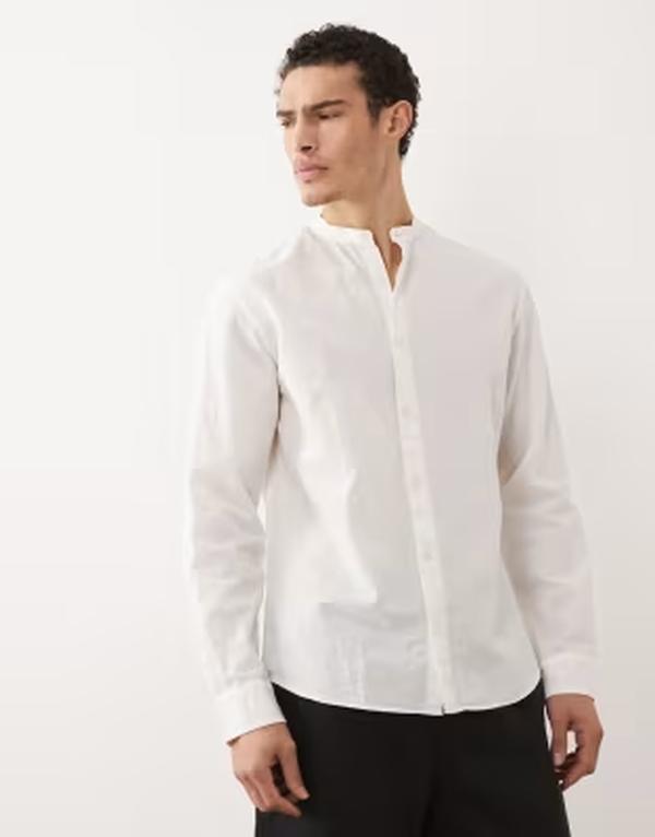 ジャック アンド ジョーンズ メンズ トップス シャツ リネン Jack & Jones linen blend shirt with stand collar White ホワイト｜ReVida 店 10,066円