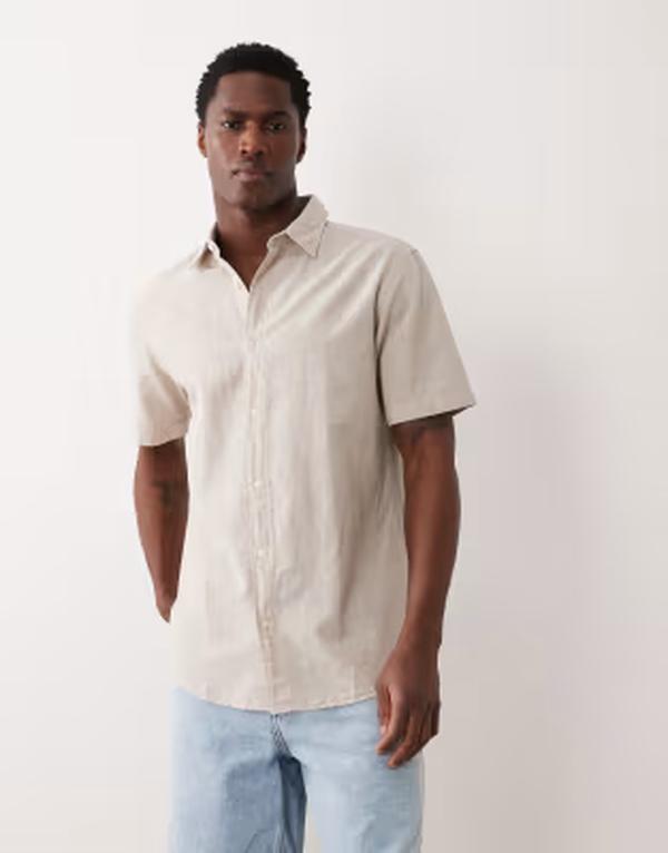 ジャック アンド ジョーンズ メンズ トップス シャツ リネン Jack & Joneshort sleeve linen blend shirt String ベージュ|ReVida 店