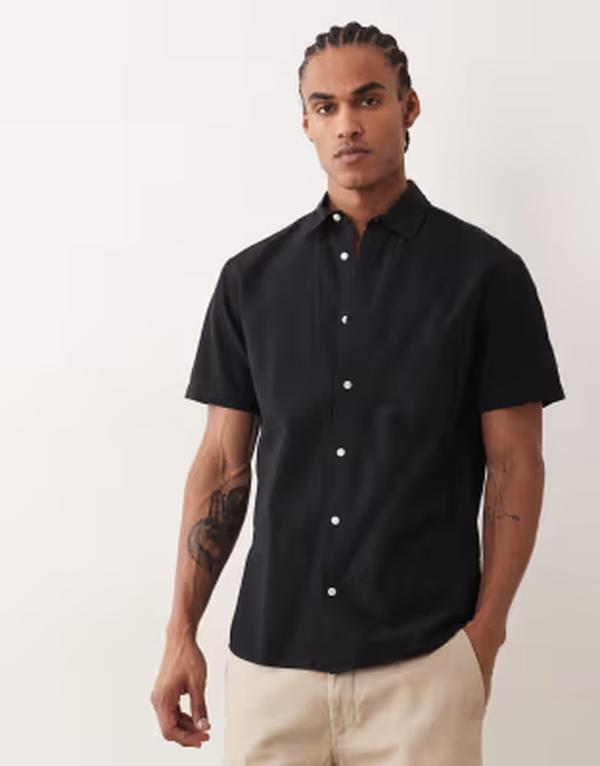 ジャック アンド ジョーンズ メンズ トップス シャツ リネン Jack & Joneshort sleeve linen blend shirt Black ブラック