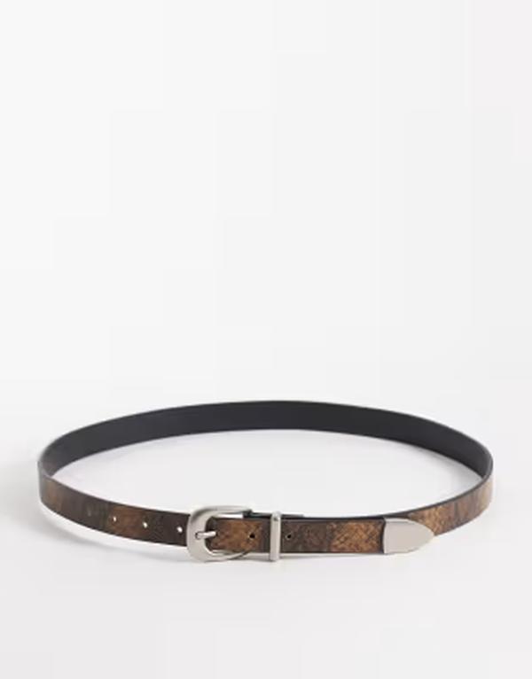 エイソス メンズ 付属品 胴締め 刷り上げる なめし革 フェイクレザー ASOS DESIGN faux leather snake print and texture belt with silver buckle BROWN 赤銅色