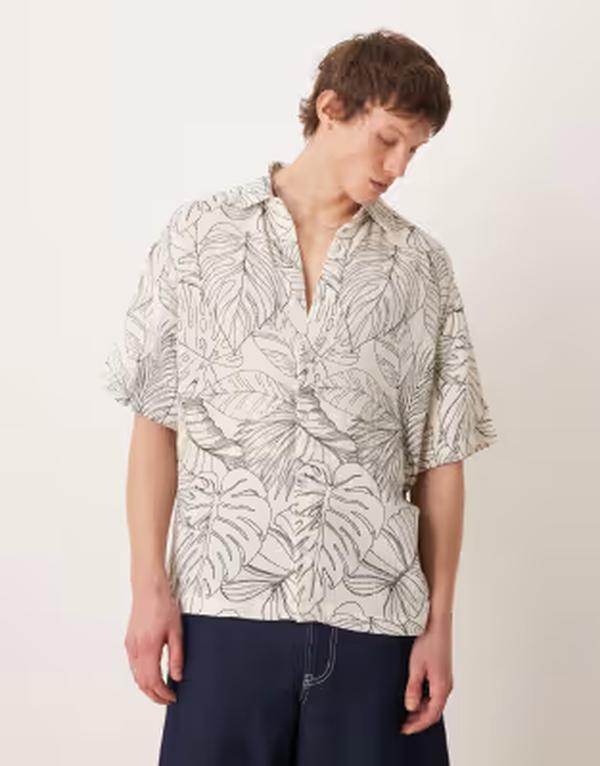 エイソス メンズ トップス プルオーバー 刷り上げる ASOS DESIGN oversized shirt with leaf print BLACK \u0026 WHITE 白いこと