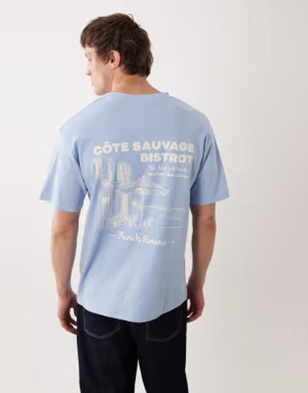 ジャック アンド ジョーンズ メンズ トップス Tシャツ プリント Jack & Jones Premium heavyweight-shirt with back print in light Chambray Blue ブルー