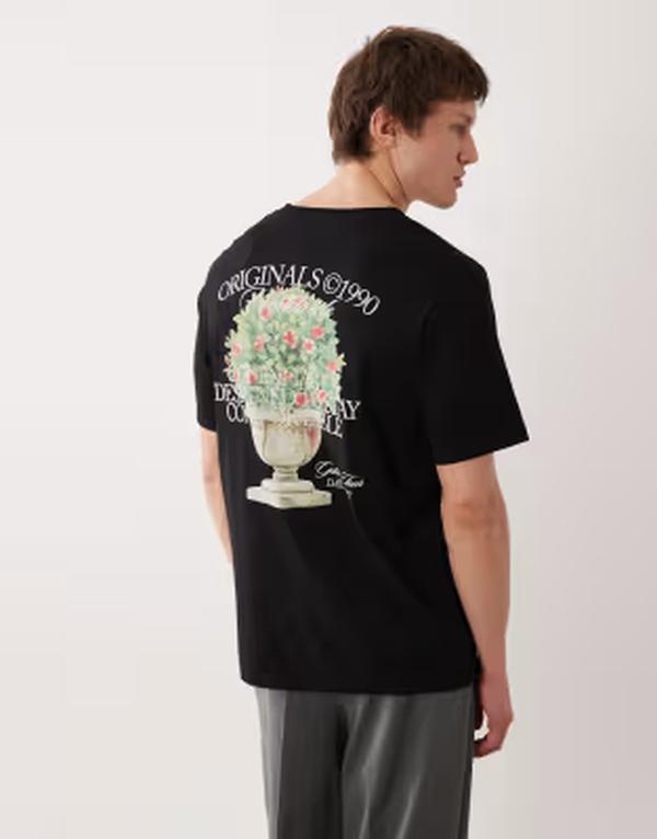ジャック アンド ジョーンズ メンズ トップス Tシャツ プリント Jack & Jones oversized t-shirt with flower back and front prints Black ブラック｜ReVida 店