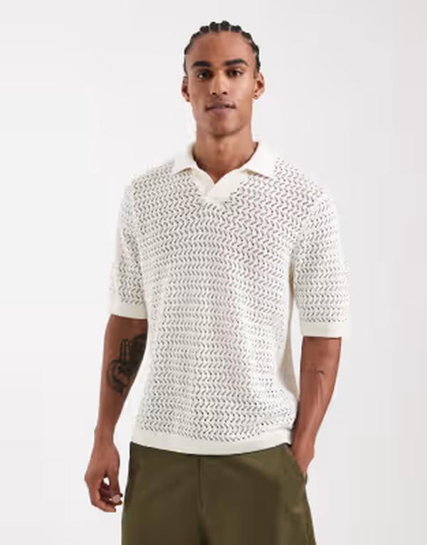 オンリーアンドサンズ メンズ トップス スポーツシャツ 編み物 ONLY \u0026 SONS open knit split neck polo Cloudancer 白いこと