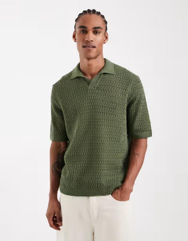 オンリーアンドサンズ メンズ トップス スポーツシャツ 編み物 ONLY \u0026 SONS open knit split neck polo shirt Kombu green 緑であること