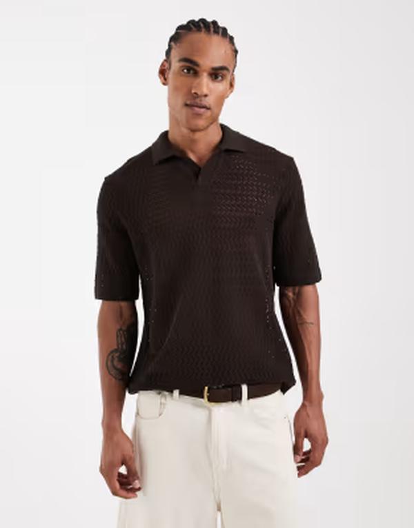 オンリーアンドサンズ メンズ トップス スポーツシャツ 編み物 ONLY \u0026 SONS open knit split neck polo shirt インチ chocolate Coffee Bean 珈琲