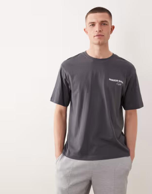 オンリーアンドサンズ メンズ トップス Tシャツ オーバーサイズフィット プリント ONLY & SONS oversized fit-shirt with mirror-ball cafe back print in charcoal Gray Pinstripe グレー