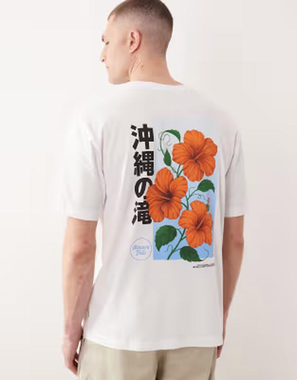 オンリーアンドサンズ メンズ トップス Tシャツ フラワー柄 プリント フラワー ONLY \u0026 SONS oversized T-shirt with red floral back print Bright White ホワイト