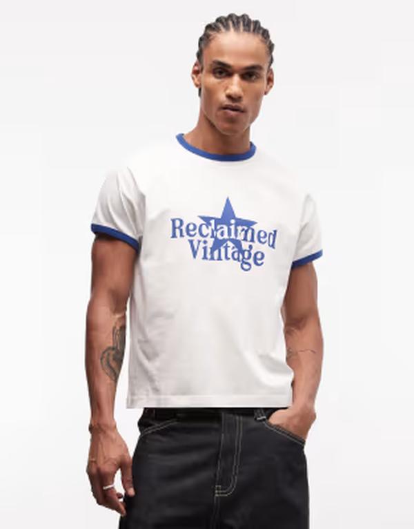リクレイム ヴィンテージ メンズ トップス Tシャツ プリント Reclaimed Vintage ringer tee with star print and navy white ホワイト|ReVida 店