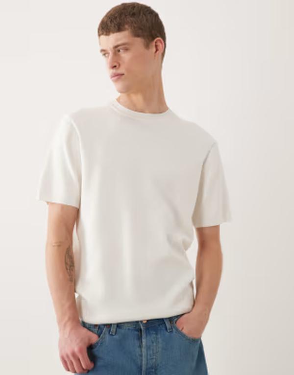 エイソス メンズ トップス Tシャツ ニット ASOS DESIGN short sleeve knit-shirt in ecru Off-white オフホワイト