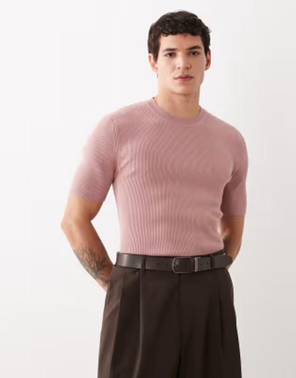 エイソス メンズ トップス Tシャツ クルーネック コットン ニット ASOS DESIGN muscle fit knit essential cotton blend crew neck T-shirt MAUVE ブルー