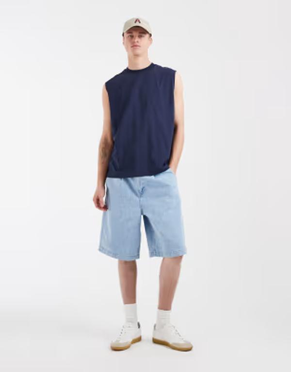 エイソス メンズ ボトムス 二分の一ズボン下・さる股引き ジーンズ ASOS DESIGN bermuda denim jorts インチ light wash blue with pleats Light washed blue 青色