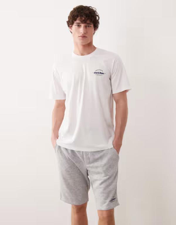 ジャック アンド ジョーンズ メンズ トップス Tシャツ ショートパンツ ジャージー ロゴ Jack & Jones logo t-shirt and jersey shortset White ホワイト|ReVida 店