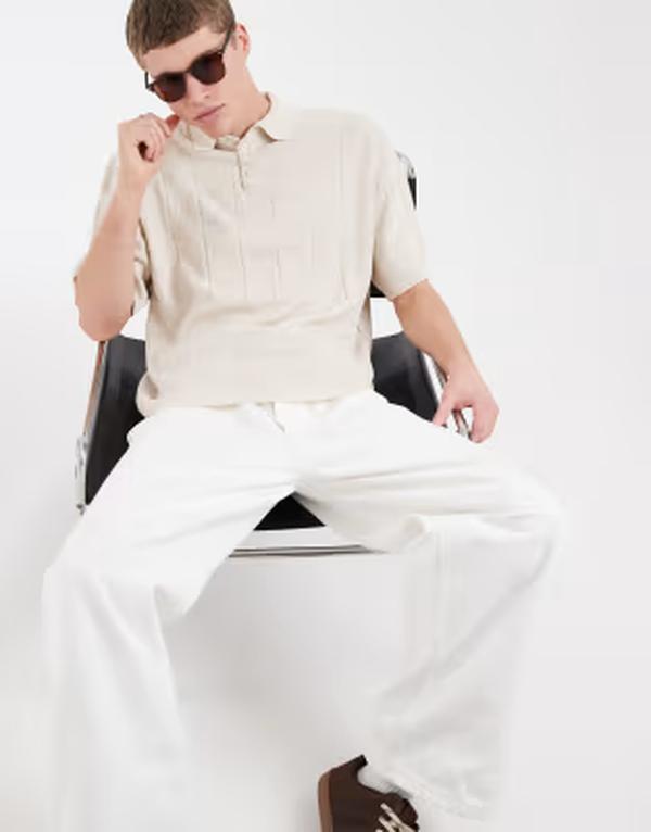 エイソス メンズ トップス ポロシャツ リブ ニット ASOS DESIGN oversized knit ribbed short sleeve polo in ecru エクリュ