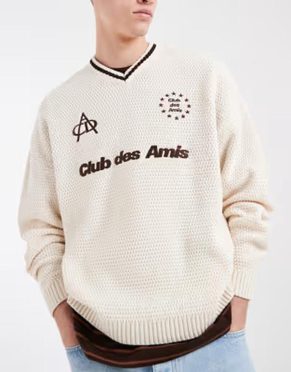 エイソス メンズ アウター ニット・セーター グラフィック ASOS DESIGN oversized knit sweater with Club des Amis graphic in ecru エクリュ