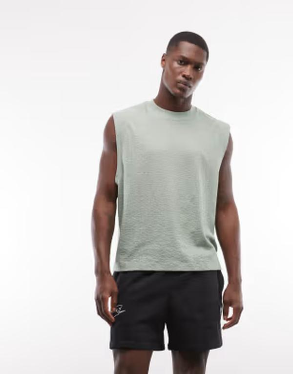 エイソス メンズ トップス ベスト ASOS DESIGN boxy oversized tank with jacquard texture in sage GREEN グリーン