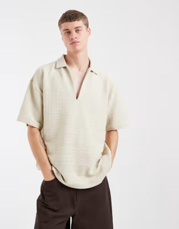 エイソス メンズ トップス ポロシャツ ASOS DESIGN oversized polo texture Pelican ベージュ