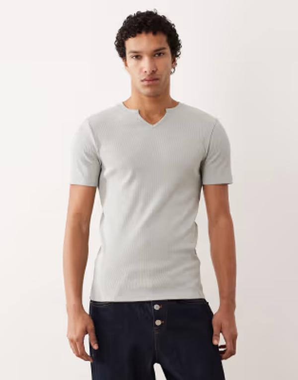 エイソス メンズ トップス Tシャツ リブニット ASOS DESIGN muscle fit-shirt with notch neck in light green rib knit Pigeon グリーン