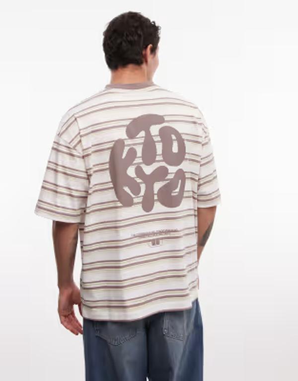 エイソス メンズ トップス Tシャツ プリント ASOS DESIGN oversized T-shirt with Kyoto bubble text print stripe Brown Stripe ブラウン｜ReVida 店
