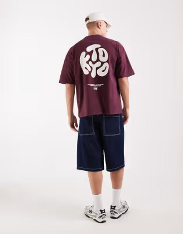 エイソス メンズ トップス Tシャツ プリント ASOS DESIGN oversized T-shirt with Kyoto bubble text print wash PORT ROYAL バーガンディ