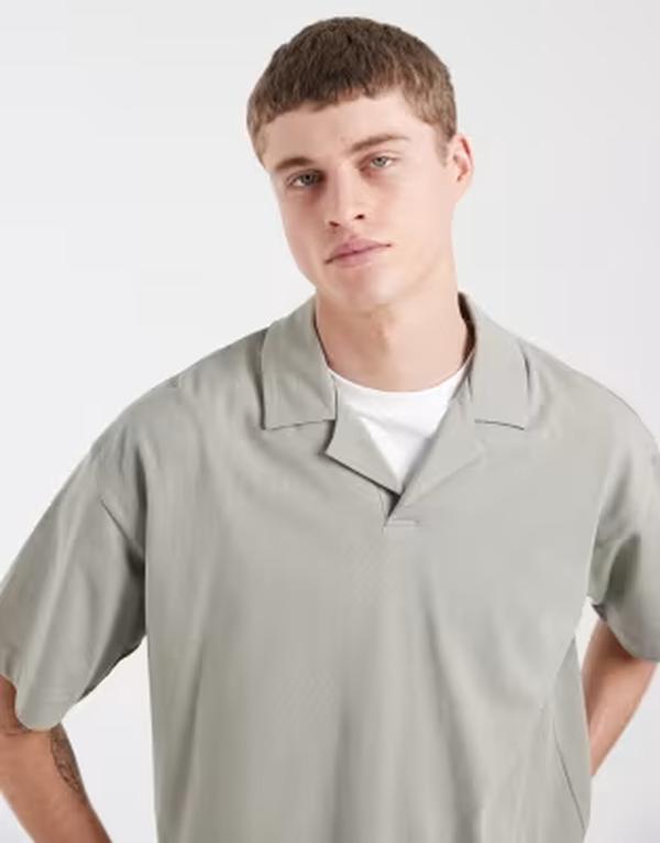 エイソス メンズ トップス スポーツシャツ ASOS DESIGN heavyweight boxy oversized camp collar polo インチ midRIED SAGE サルヴィア