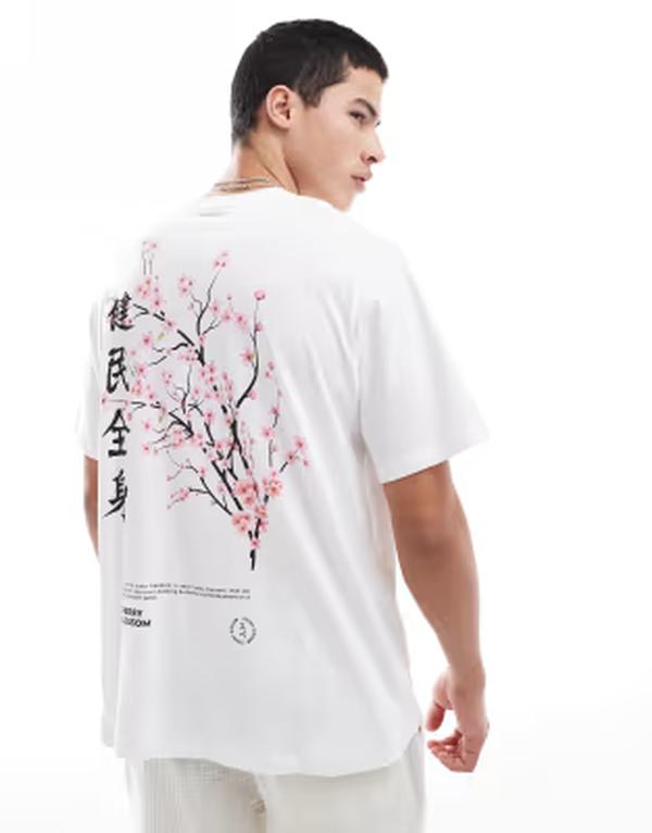 ジャック アンド ジョーンズ メンズ トップス Tシャツ プリント Jack & Jones oversized t-shirt with japanese blossom print Bright White ホワイト