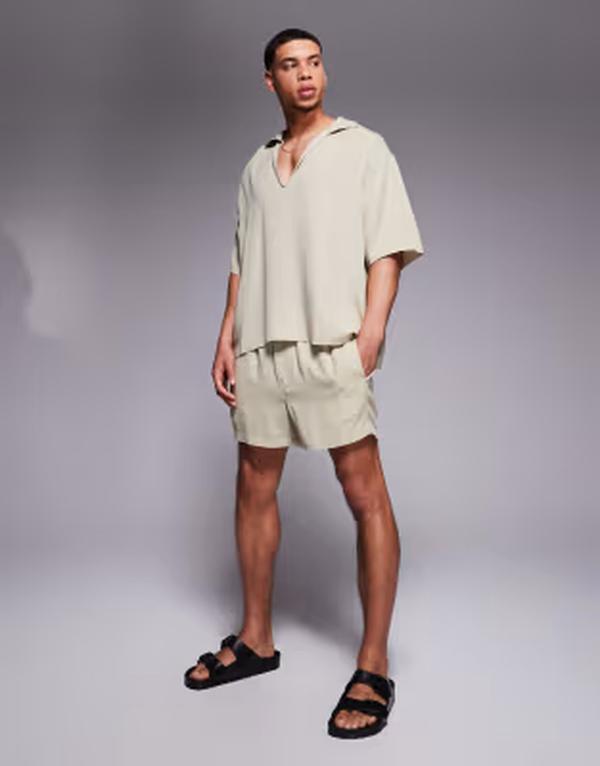 エイソス メンズ ボトムス ハーフパンツ・ショーツ ショートパンツ リネン ASOS DESIGN linen blend shorts in short length TAN タン