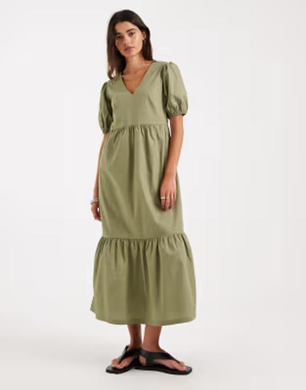 スリードベア レディース トップス ワンピース Vネック ミディ Threadbare poplin v-neck puff sleeve midi dress in olive GREEN グリーン|ReVida 店