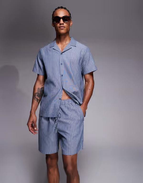 サウスビーチ メンズ ボトムス ハーフパンツ・ショーツ ショートパンツ リネン South Beach linen mix shorts in faded blue stripes FADED BLUE STRIPES ブルー|ReVida 店