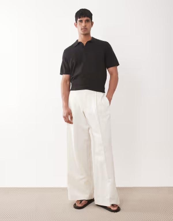 エイソス メンズ ボトムス カジュアルパンツ プリーツ リネン ASOS DESIGN pleated linen rich loose leg dress pants WHITE ホワイト
