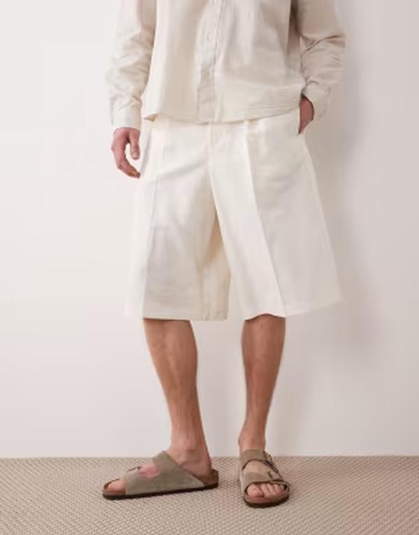 エイソス メンズ ボトムス 二分の一ズボン下・さる股引き 遊撃手ズボン下 リネン ASOS DESIGN linen rich oversized bermuda dresshorts WHITE 白いこと
